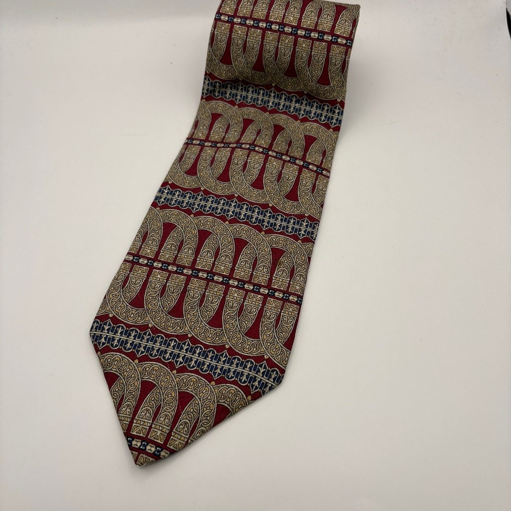 Flying Scotsman Collection Mens Necktie Burgundy Gold Navy Geometric Arch 4x59